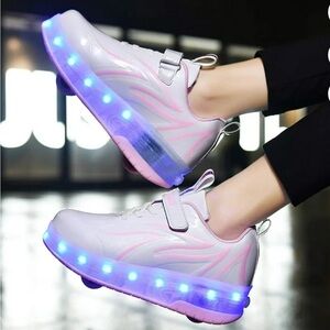 Jiandian White & Pink USB Rechargeable LED Roller Skates Big Girls‎ Size 5.5
